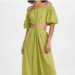 Moon River Off Shoulder Dress Linen Blend Gauzy Cutout Green